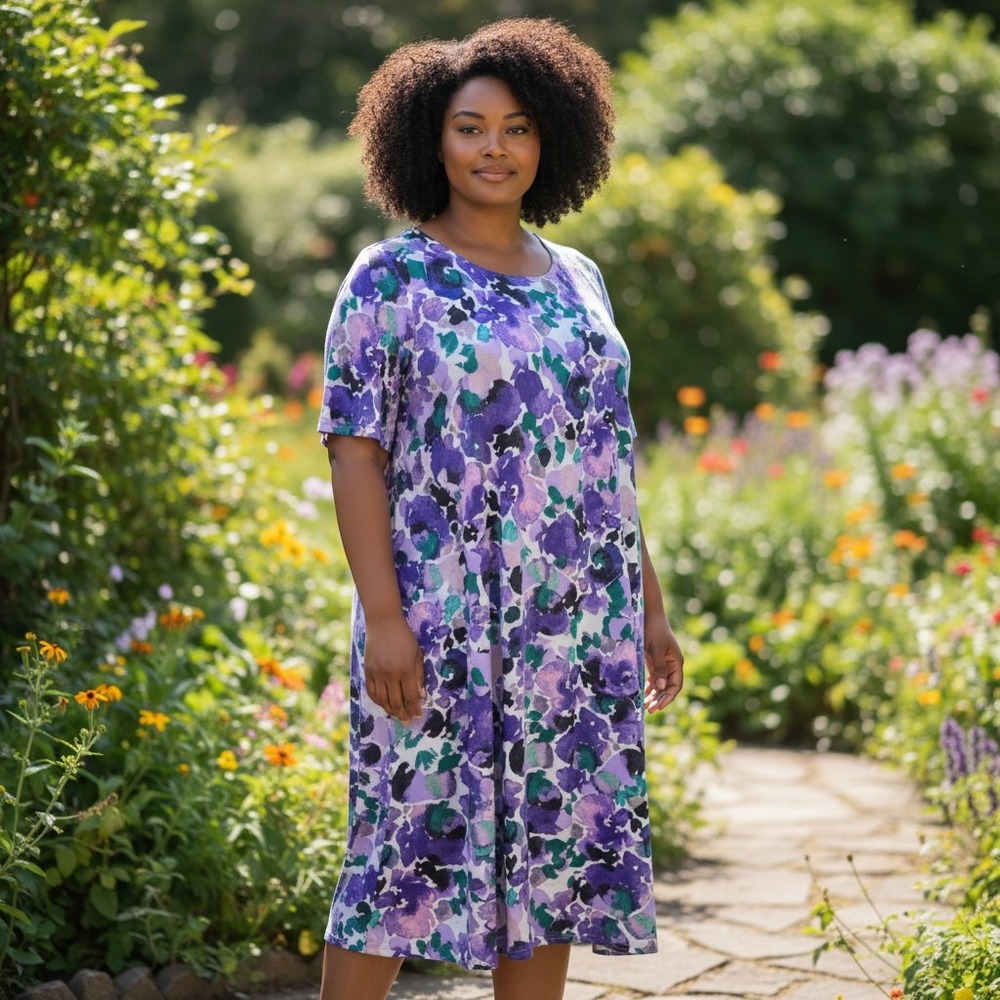 332. Purple Watercolor Floral Short Sleeve Shift Dress Plus Size 3X Office